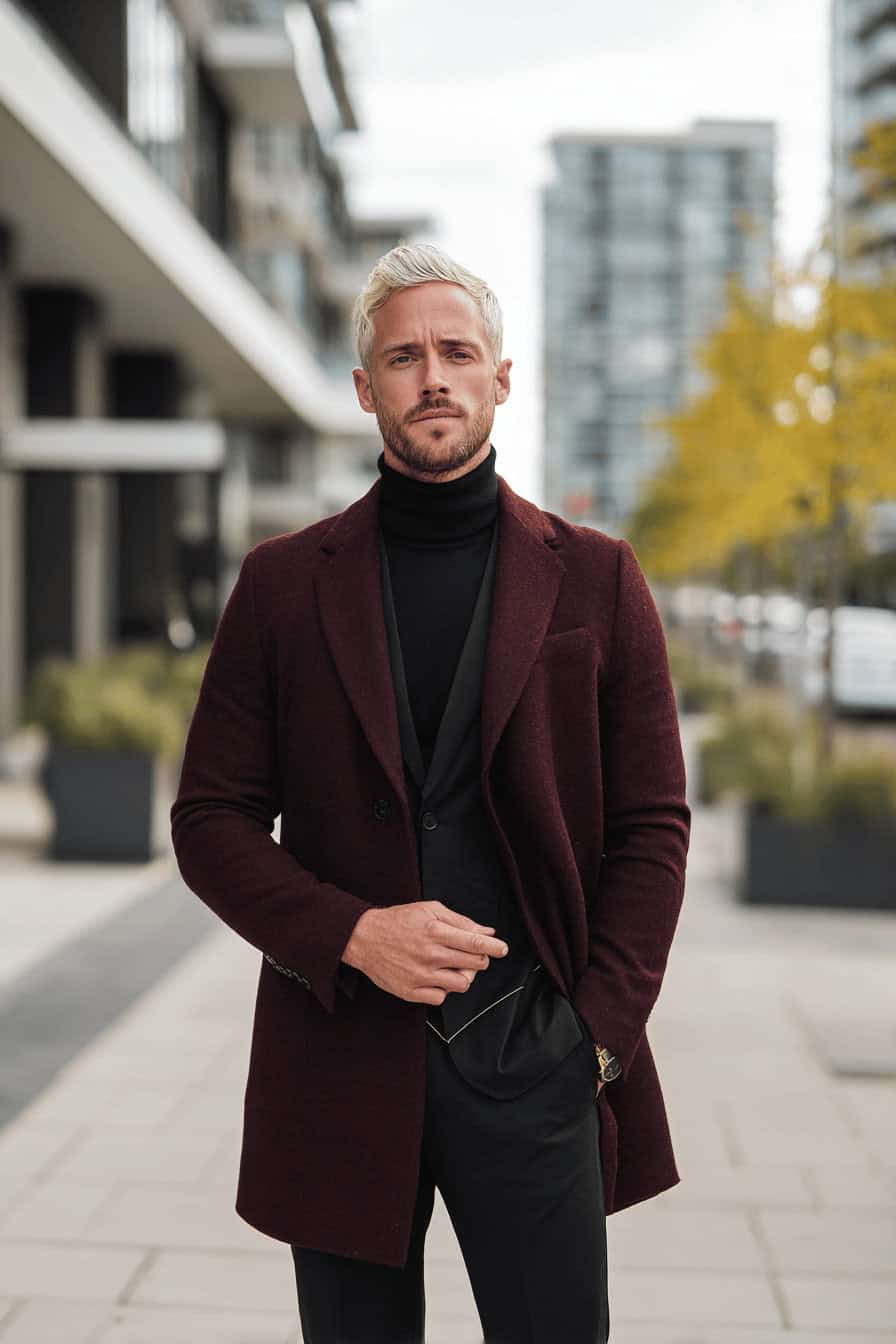 Mann in bordeauxfarbenem Mantel und schwarzer Hose im urbanen Herbst-Setting