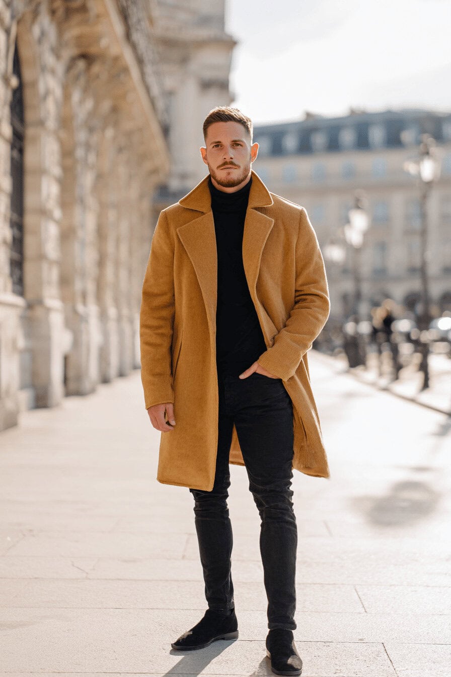 Mann in senfgelbem Mantel und schwarzer Skinny Jeans im herbstlichen Stadtbild