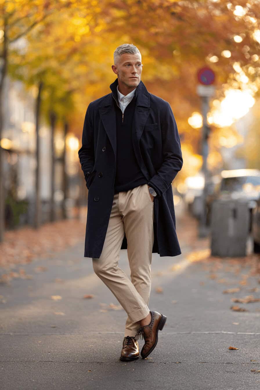 Mann trägt marineblauen Mantel, beige Chinohose und braune Derbys im herbstlichen Straßenbild