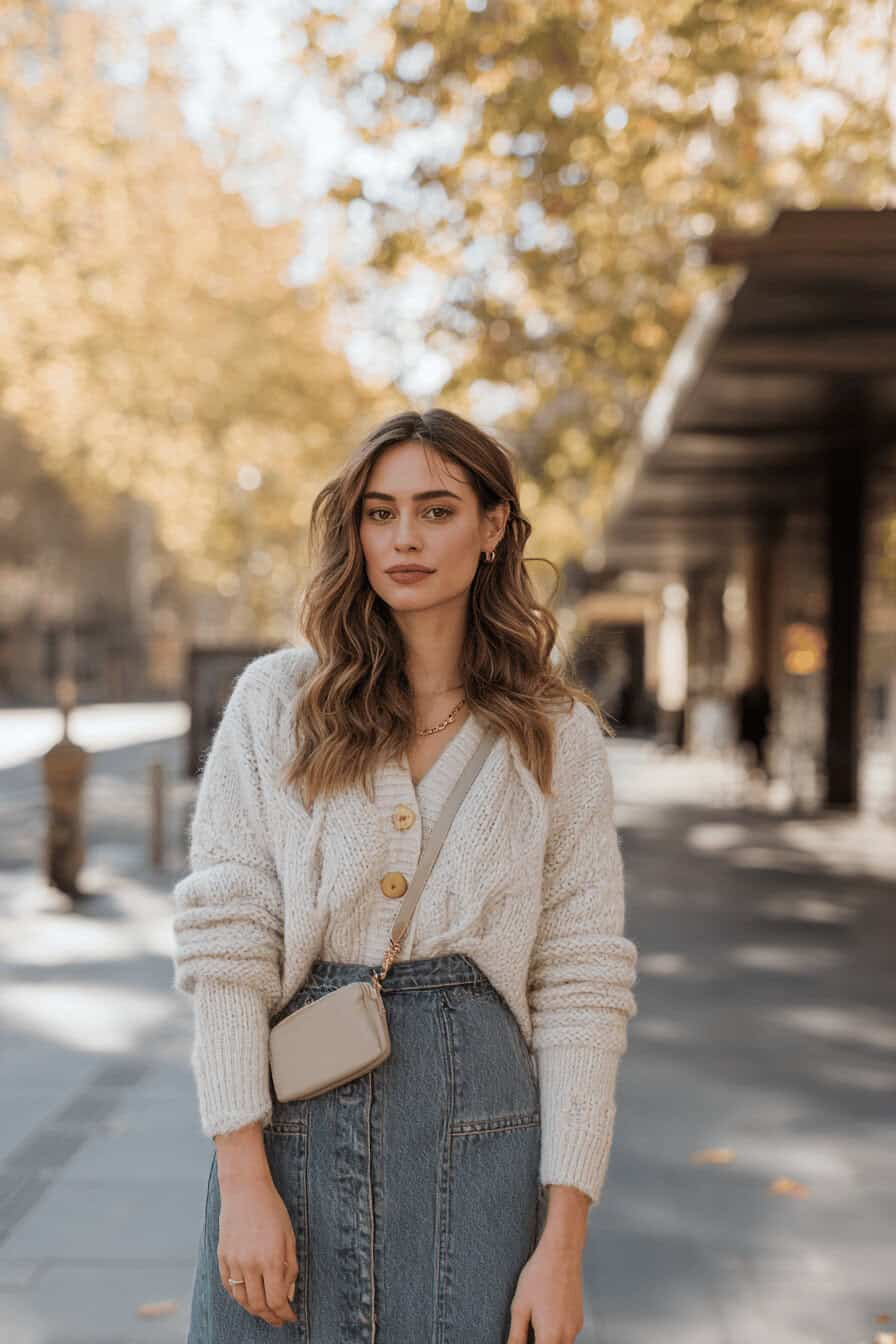 Frau im Herbst-Outfit mit Strick-Cardigan und Midi-Jeansrock