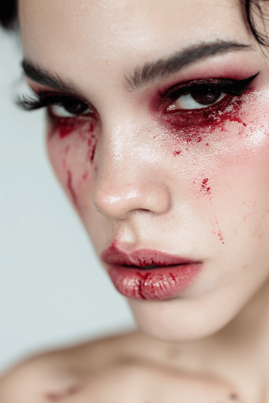 Nahaufnahme eines dezenten, aber blutigen Vampir-Make-ups mit rotem Lidschatten und Lippen