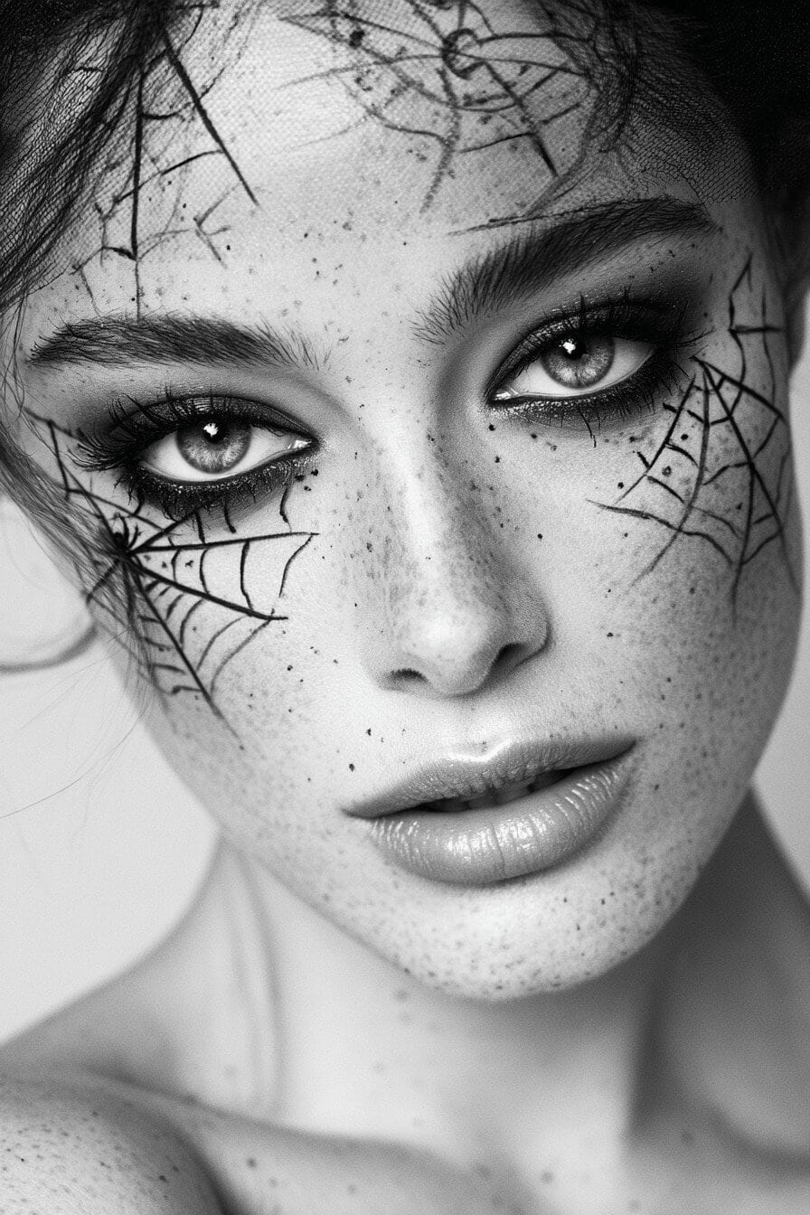 Frau mit Spinnennetz-Make-up an den Augen und Mundwinkeln