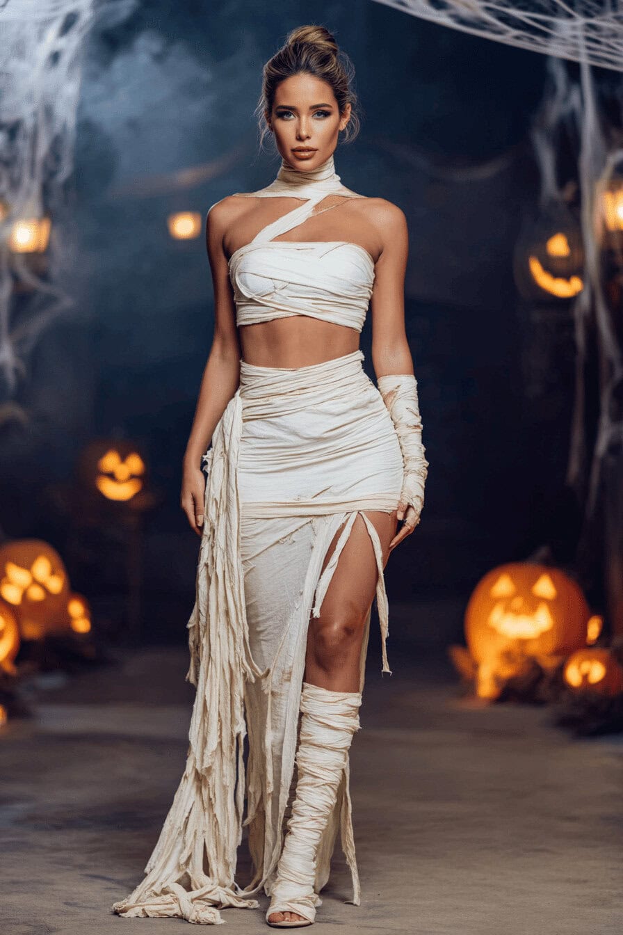 Frau in elegantem Mumienkostüm vor gruseligem Halloween-Setting mit Kürbissen