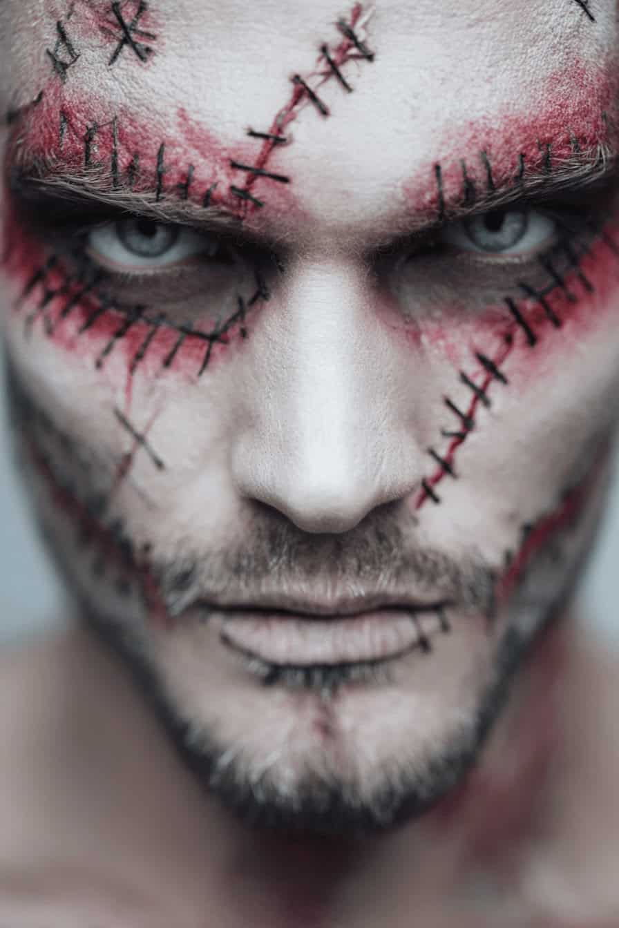 Halloween-Make-up mit realistischer Naht-Optik im Gesicht eines Mannes