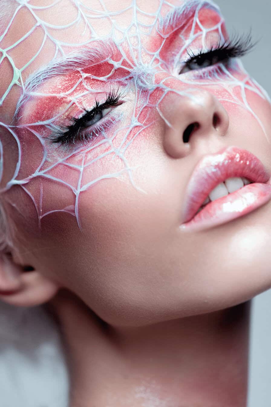 Glänzendes Gesichts-Make-up mit weißem Spinnennetz auf pinkem Lidschatten