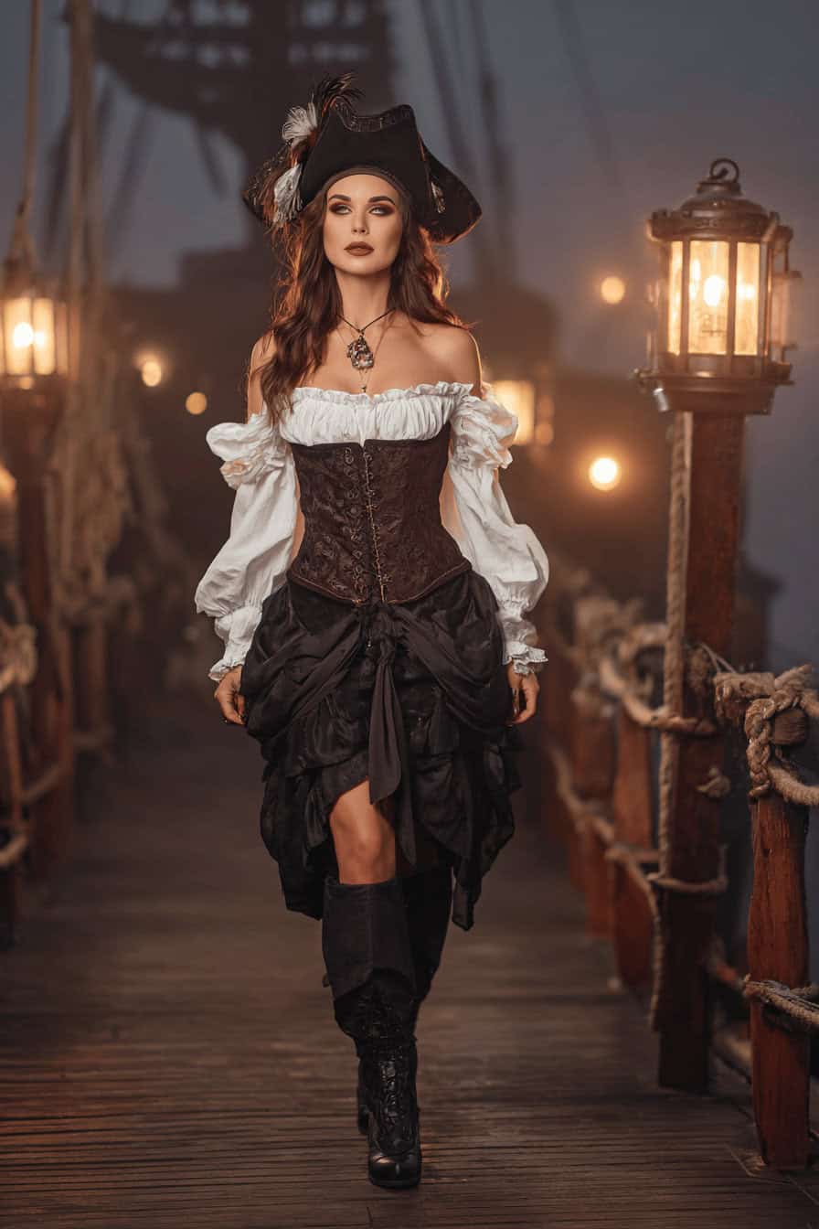 Frau im romantischen Piratenkostüm mit Korsett und Dreispitz auf einem schaurig beleuchteten Schiff