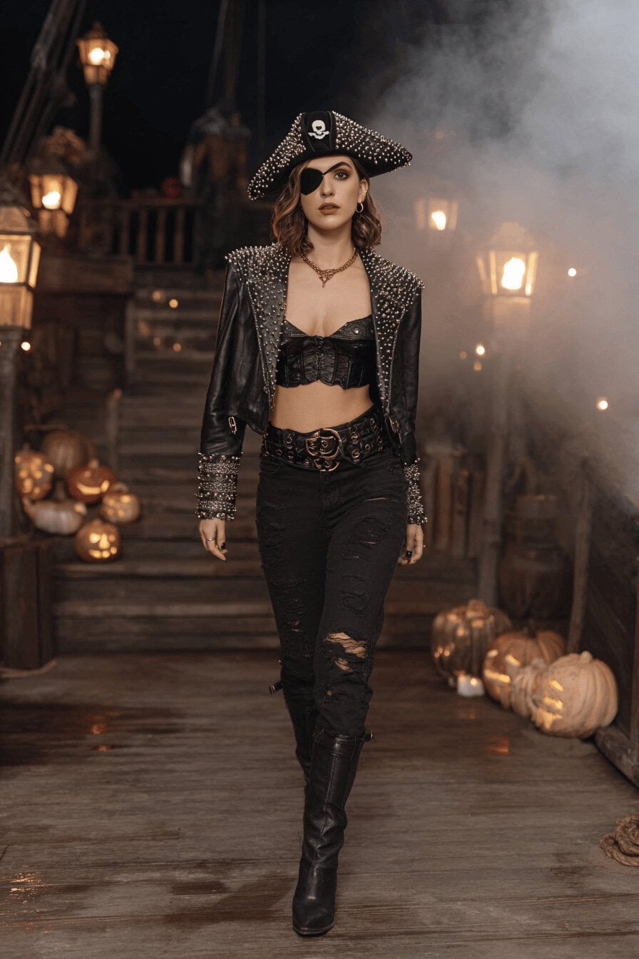 Frau im rockigen Pirat-Halloweenkostüm mit Lederjacke, Augenklappe und Kürbissen im Hintergrund