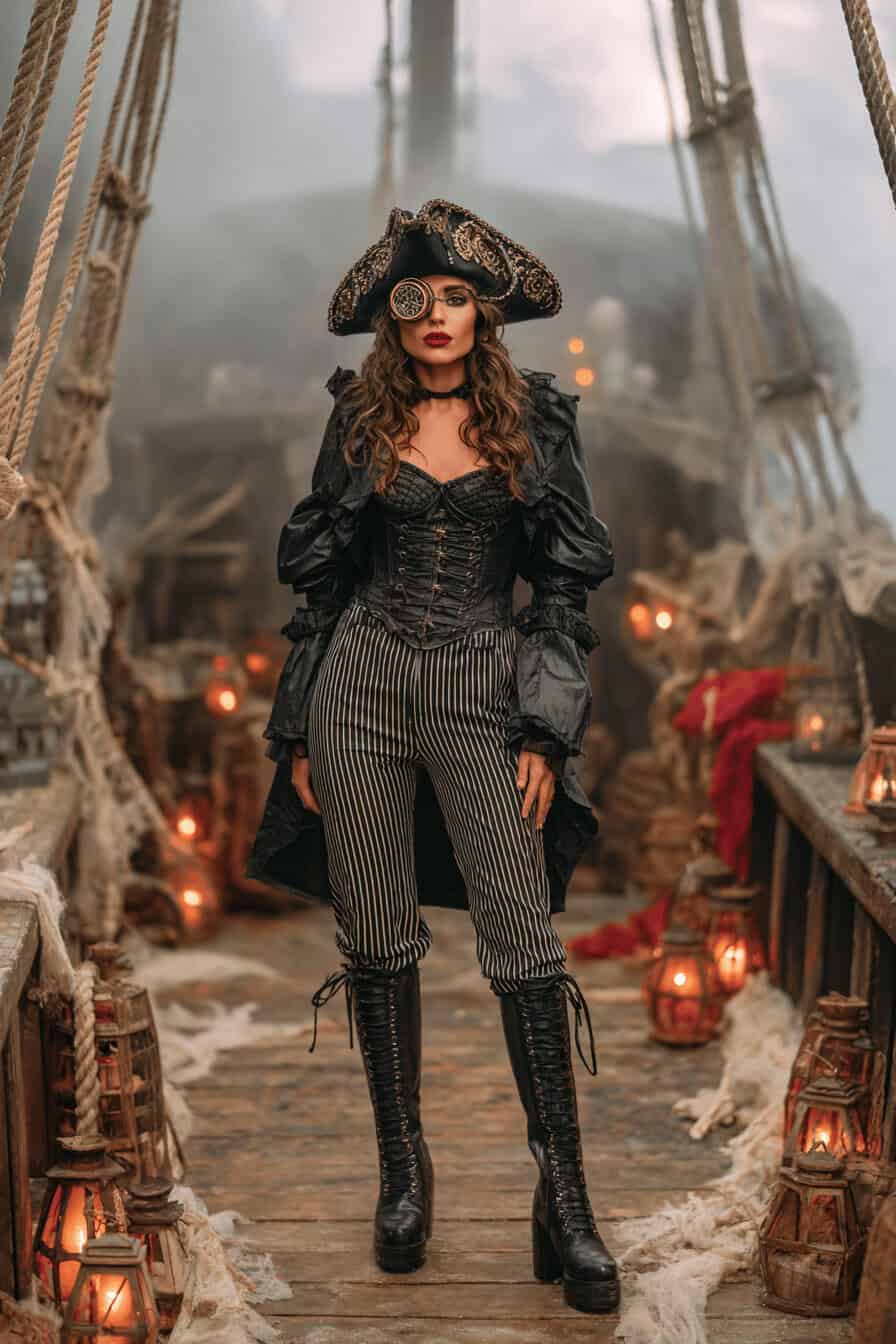 Frau als Piratin im düsteren Steampunk-Halloweenkostüm auf einem spukigen Schiff