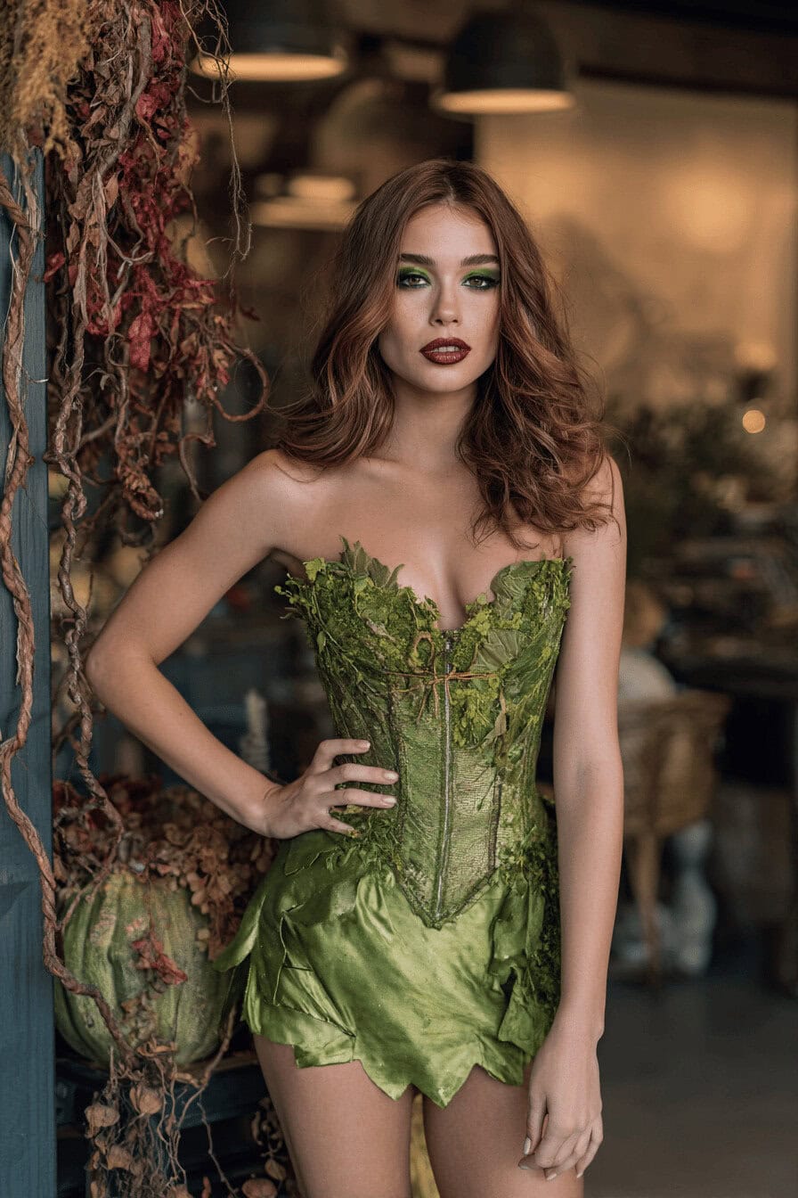Frau in Poison Ivy Halloween-Kostüm mit grünem Kleid und rötlichem Make-up