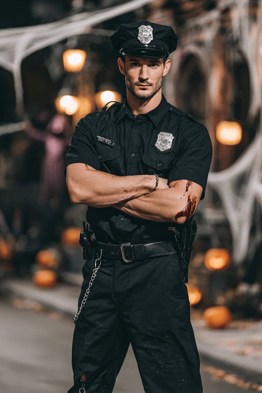 Mann im Polizistenkostüm mit blutverschmiertem Arm vor Halloween-Dekoration
