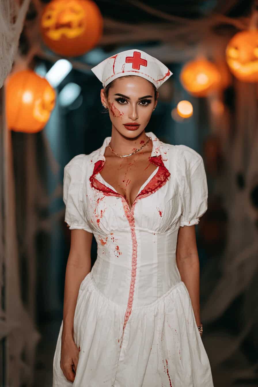 Frau im blutverschmierten Retro-Krankenschwester-Kostüm mit Halloween-Deko im Hintergrund