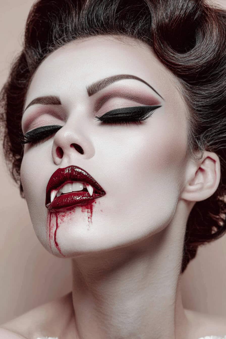 Nahaufnahme eines dramatischen Vampir-Make-ups mit Blutflecken und Retro-Frisur