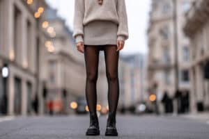 Frau trägt Rock mit Strumpfhose, Boots und Pullover auf der Straße