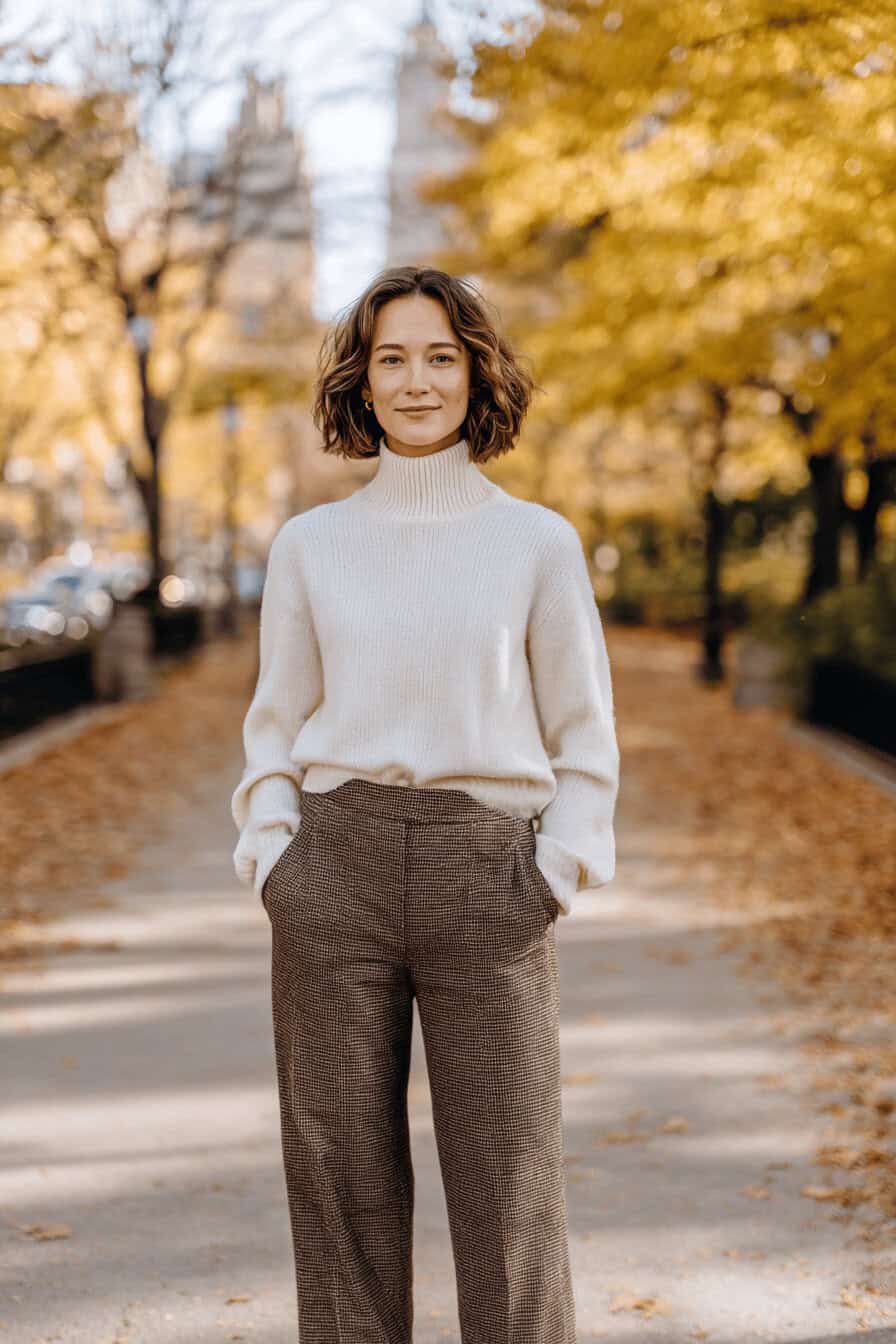 Frau in cremefarbenem Rollkragenpullover und brauner Hose im herbstlichen Park