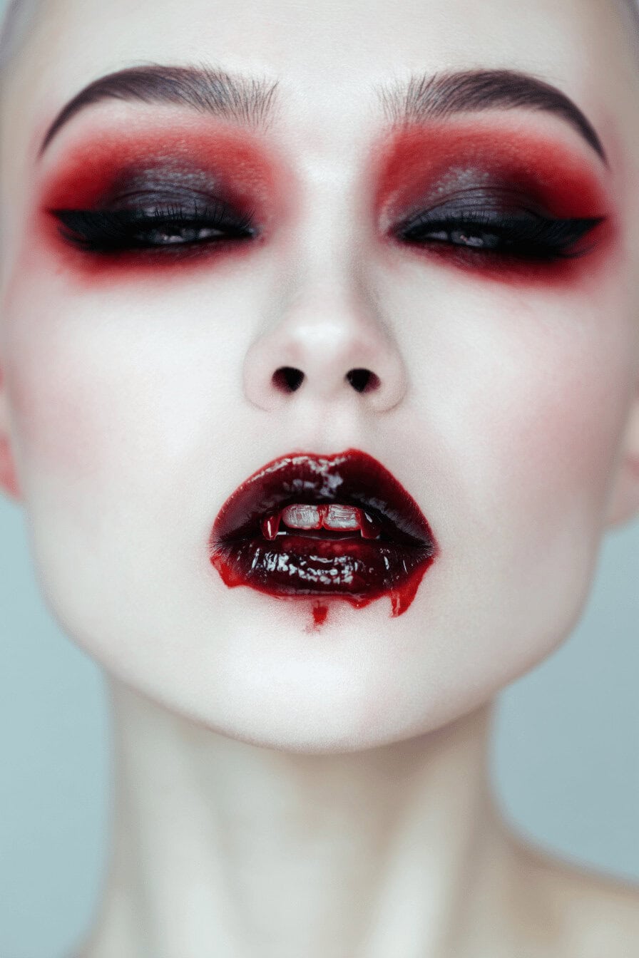 Frau mit dramatischem Vampir-Make-up, dunklen Lippen und roten Smokey Eyes