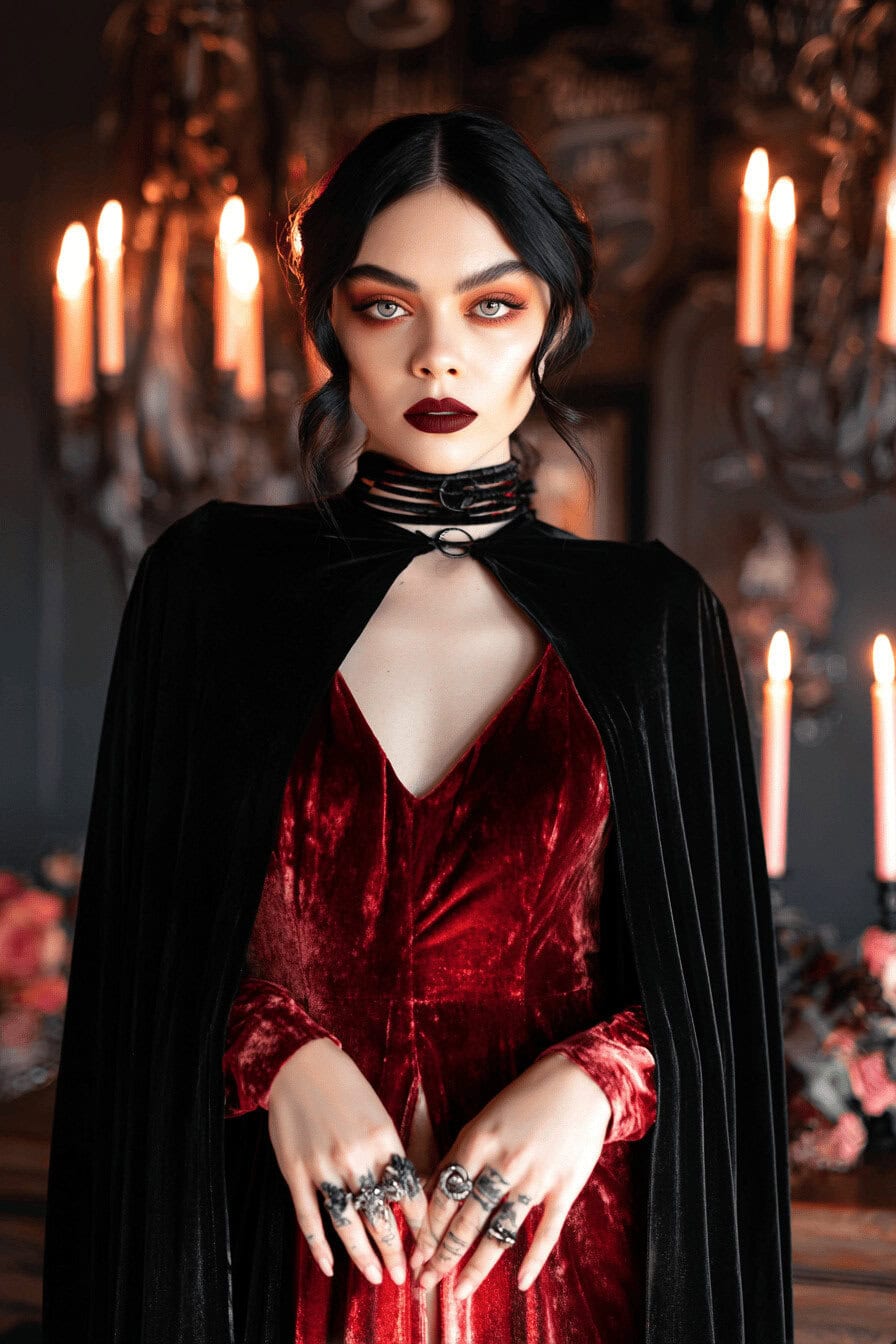 Frau im roten Samtkleid mit schwarzem Cape und dramatischem Vampir-Make-up