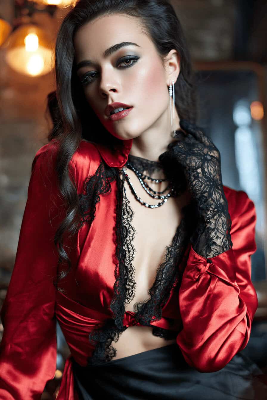 Frau in rotem Satinoberteil mit schwarzer Spitze und elegantem Vampir-Styling