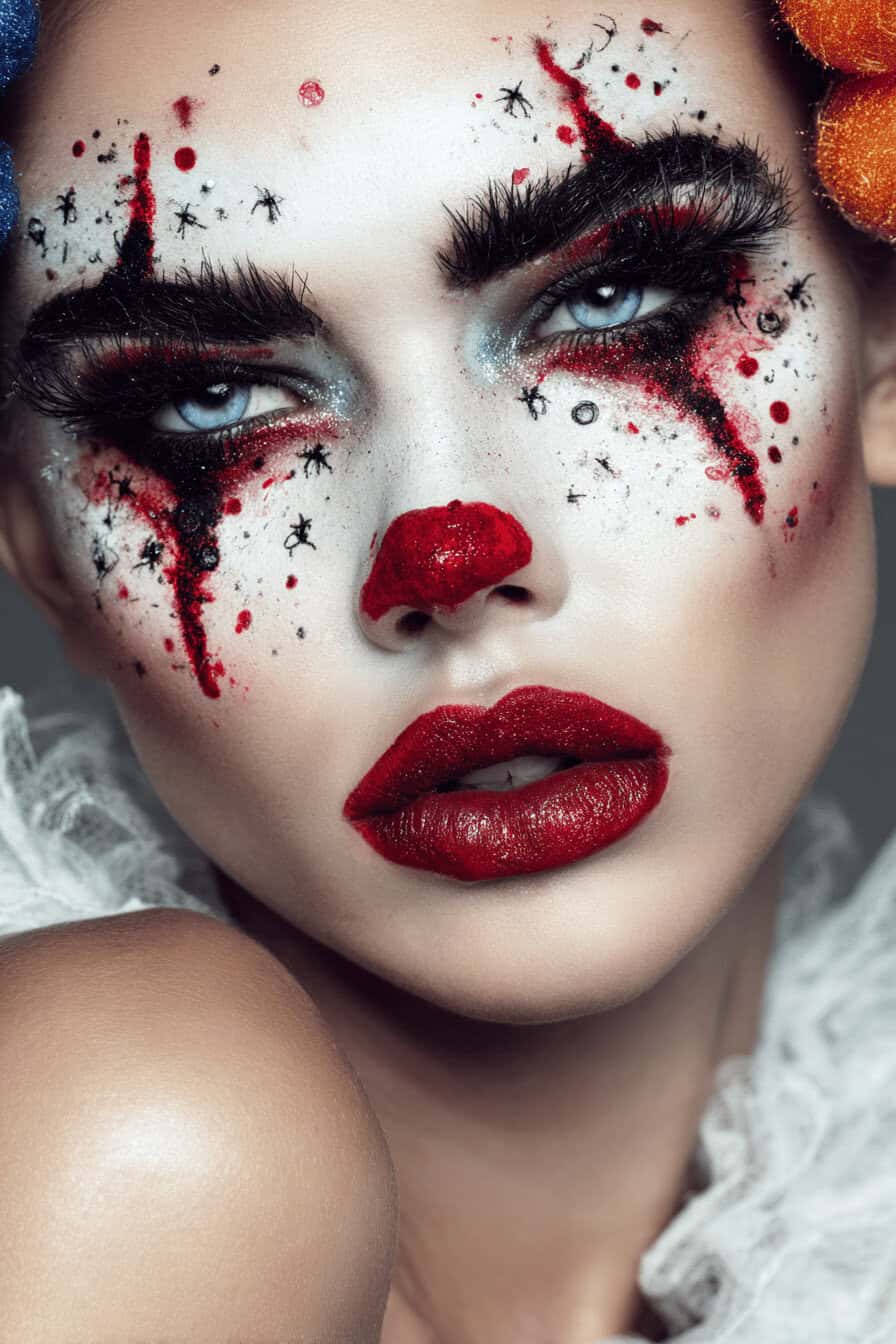 Nahaufnahme eines glitzernden Horror-Clown-Make-ups mit roten Akzenten