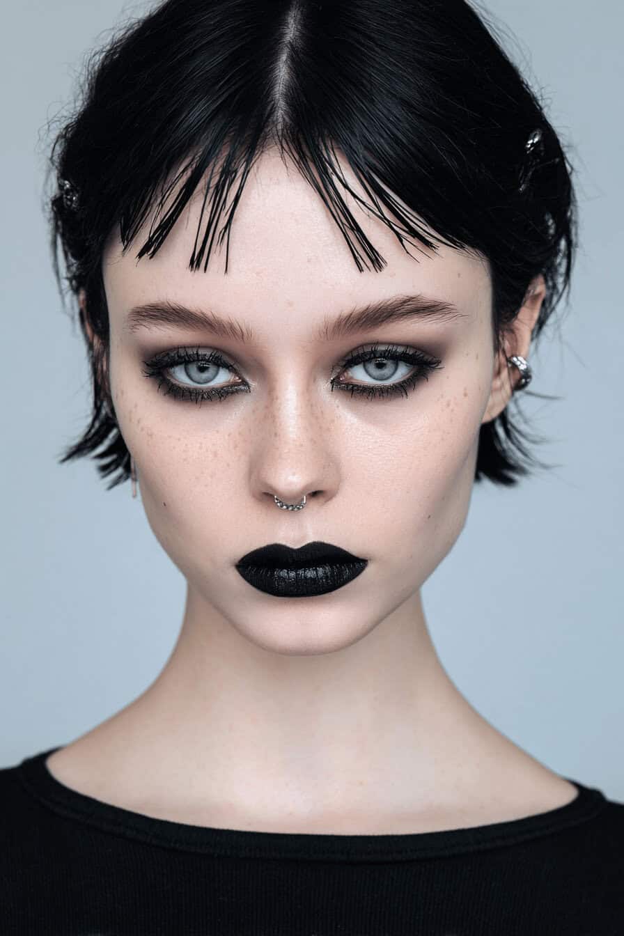 Frau mit schwarzem Lippenstift und dramatischem Augen-Make-up