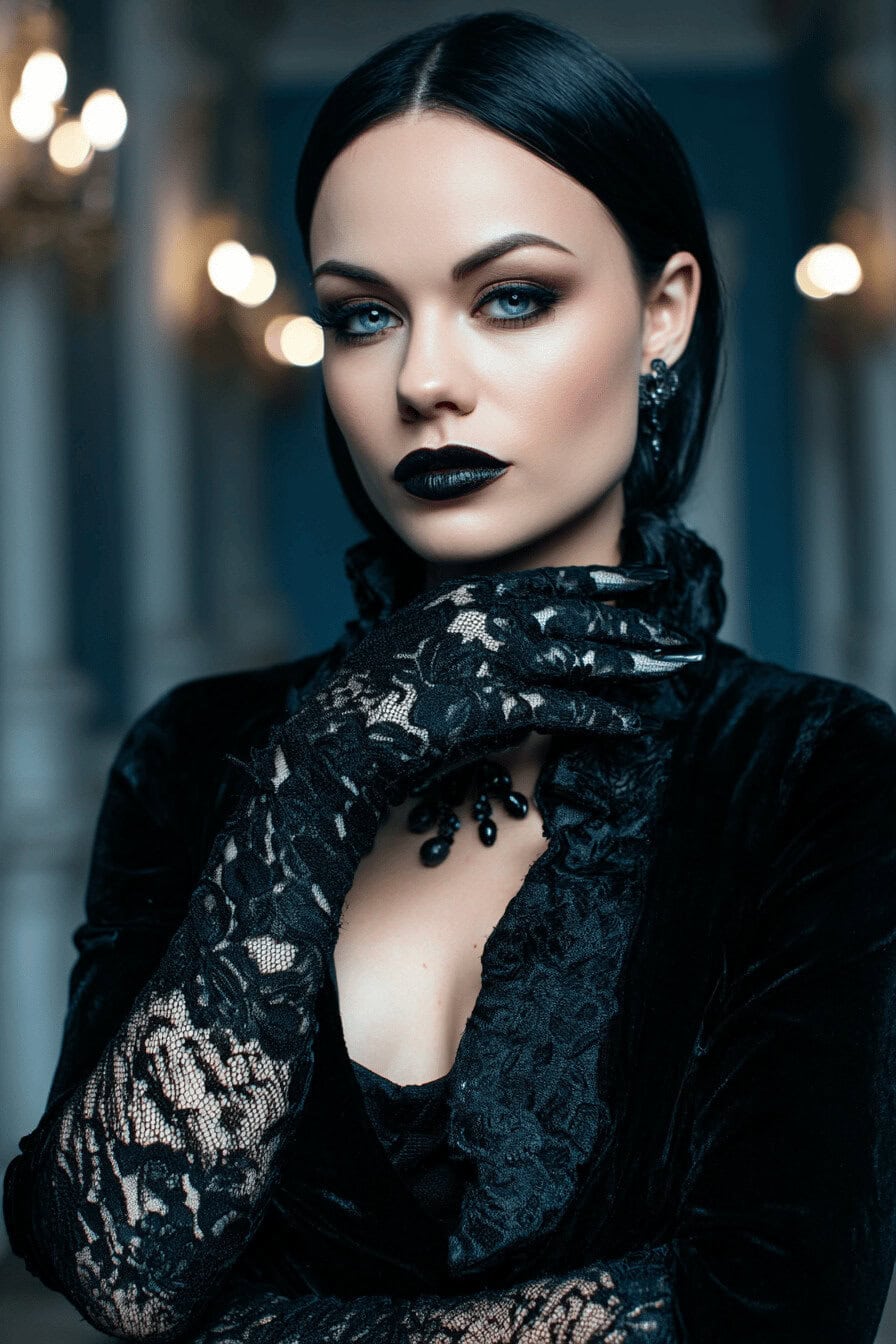 Frau im Vampir-Look mit schwarzen Spitzenhandschuhen