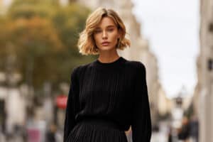 Frau mit schwarzem Pullover und schwarzem Rock im Herbstlook