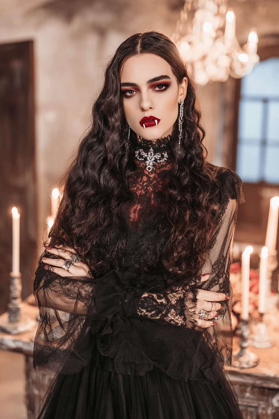 Frau im Gothic-Vampir-Look mit schwarzem Spitzenrock und Tüll