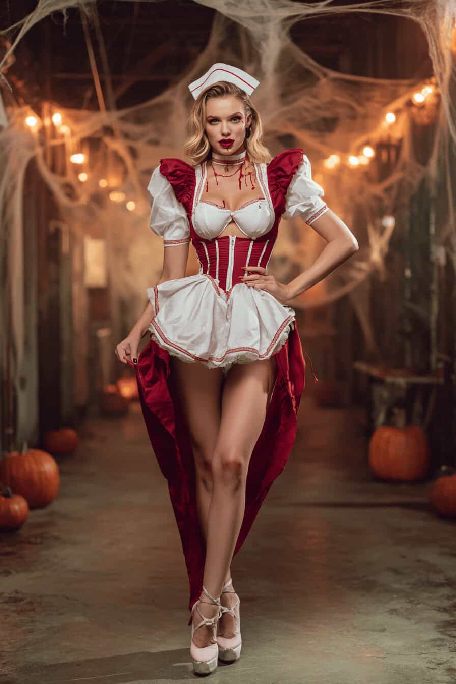 Frau im sexy Krankenschwesterkostüm mit blutigen Details vor gruseliger Halloween-Dekoration