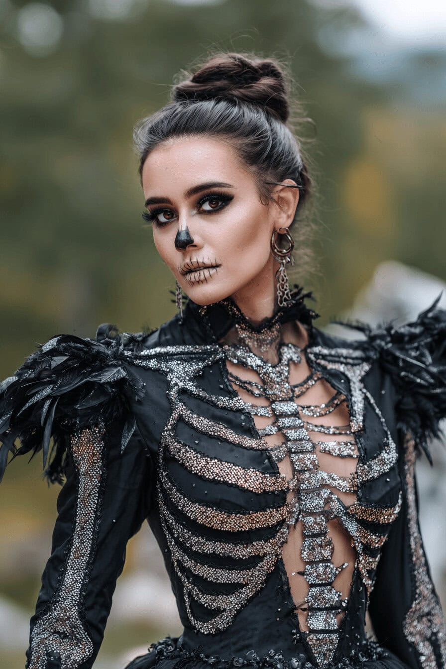 Frau im glamourösen Skelett-Kostüm mit dramatischem Halloween-Make-up