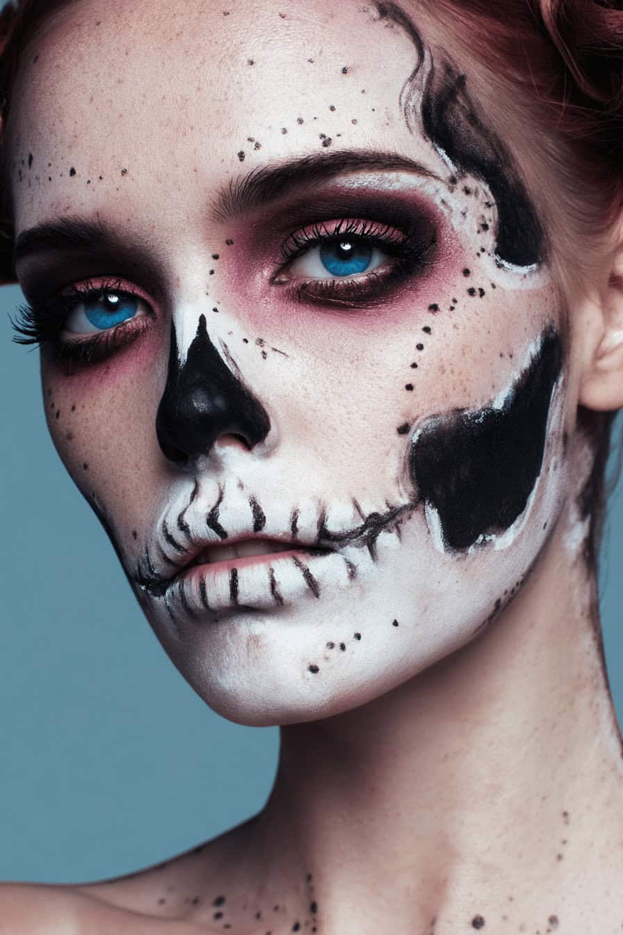 Nahaufnahme eines halben Skelett-Gesichts mit farbintensivem Halloween Make-up