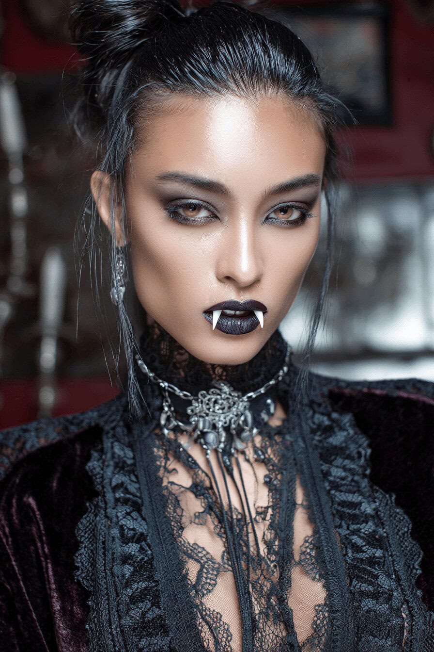 Frau mit Vampir-Make-up und sleek zurückgekämmten Haaren