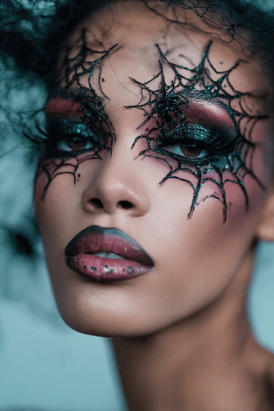 Gesicht mit Spinnennetz-Make-up in Schwarz und Glitzer um die Augen