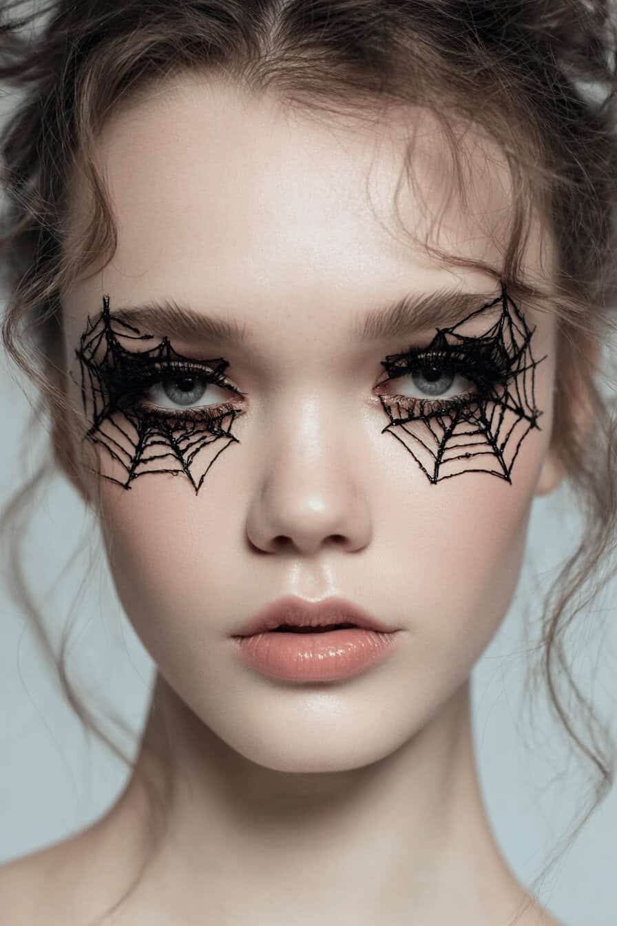 Nahaufnahme mit schwarzem Spinnennetz-Make-up um die Augen