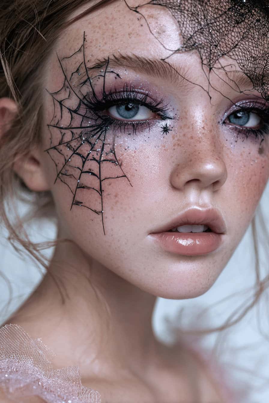 Nahaufnahme eines Gesichts mit Halloween-Make-up mit Spinnennetz-Motiv