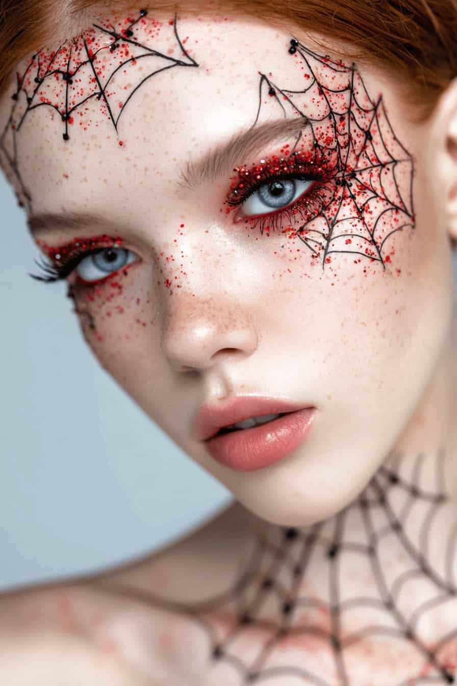 Halloween Make Up mit roten Glitzer-Akzenten und schwarzen Spinnennetzen im Gesicht