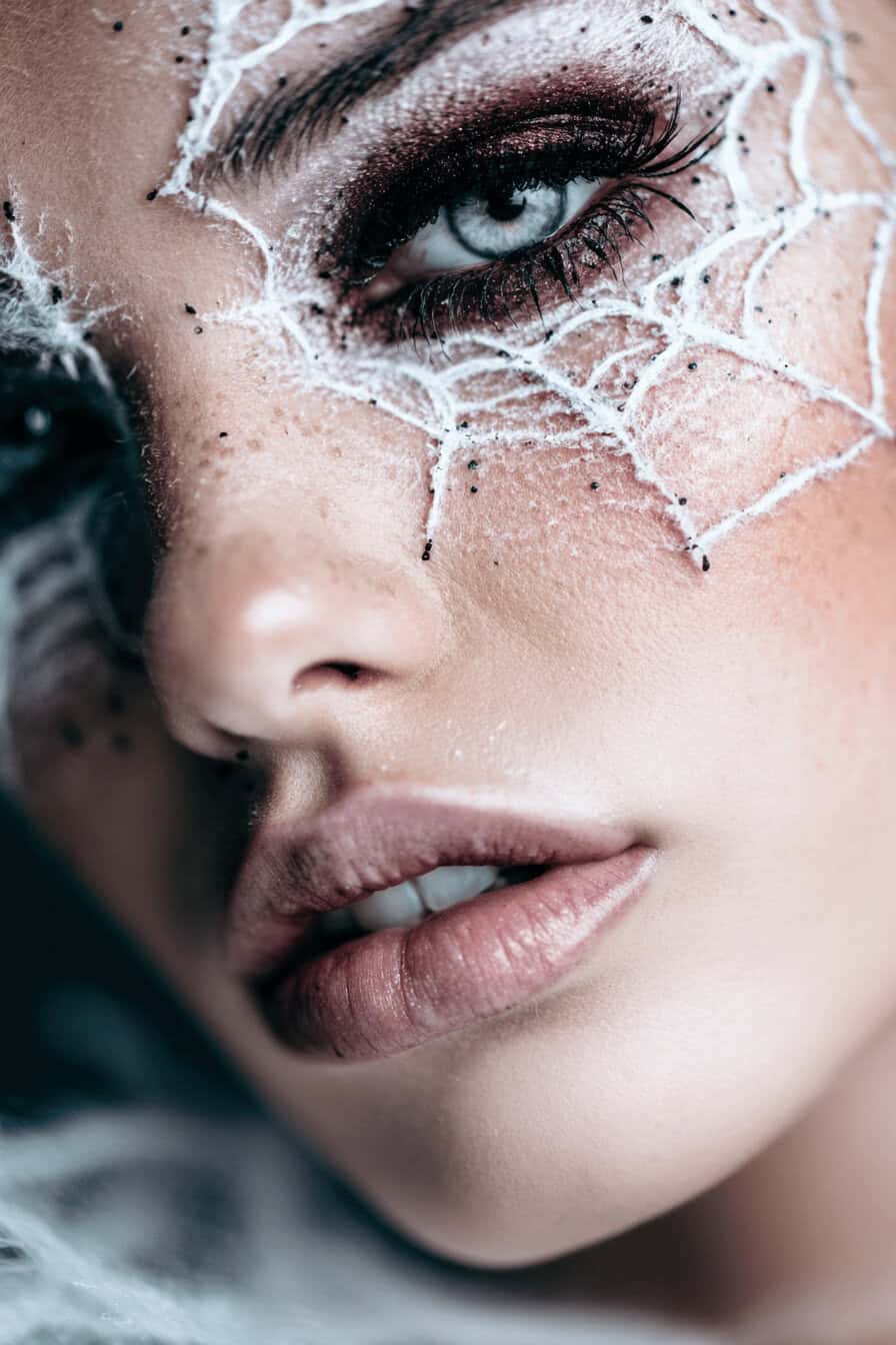 Close-up von Halloween-Make-up mit weißem Spinnennetz auf glitzerndem Smokey Eye