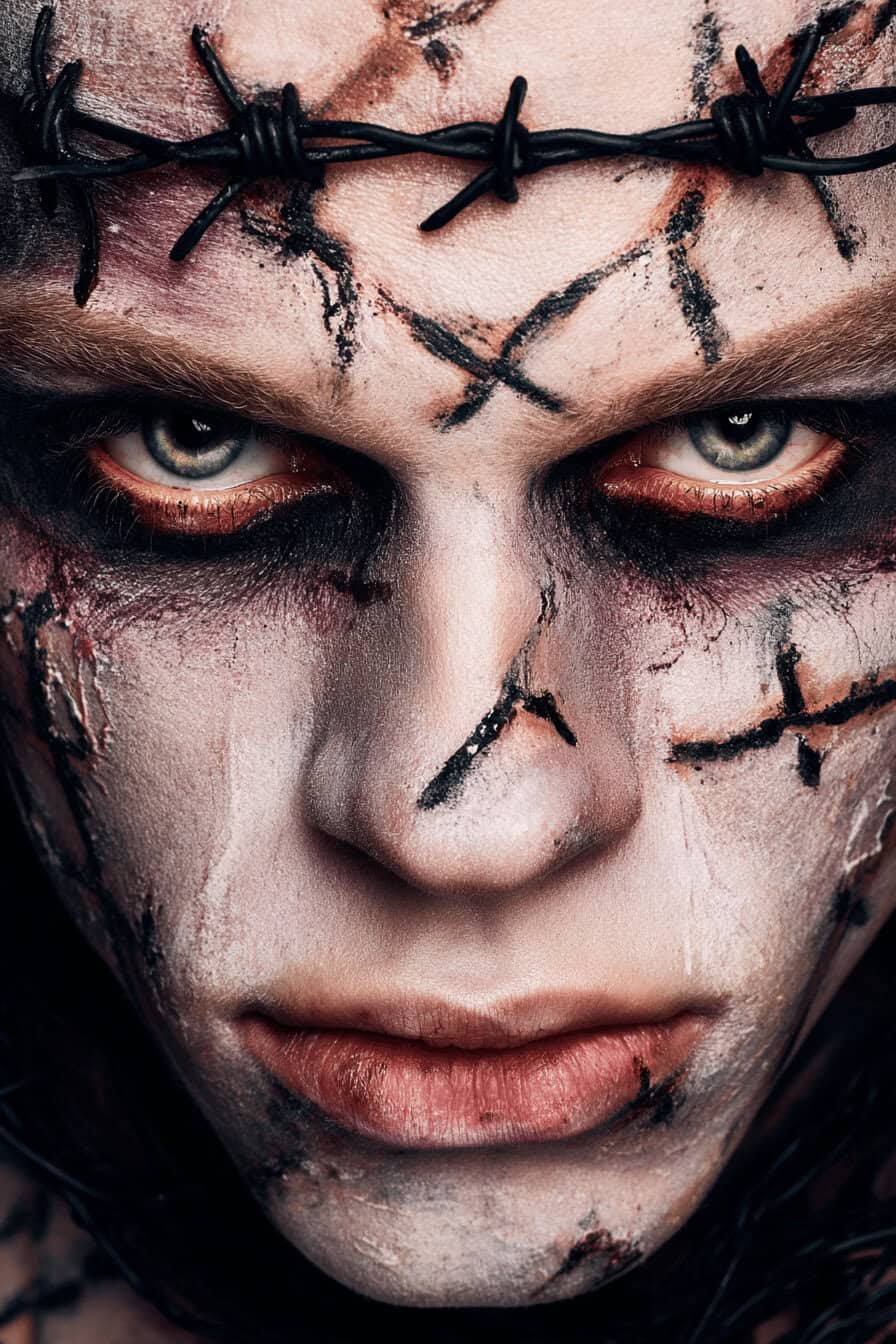 Halloween Make-up mit realistischem Stacheldrahteffekt und düsteren Narben