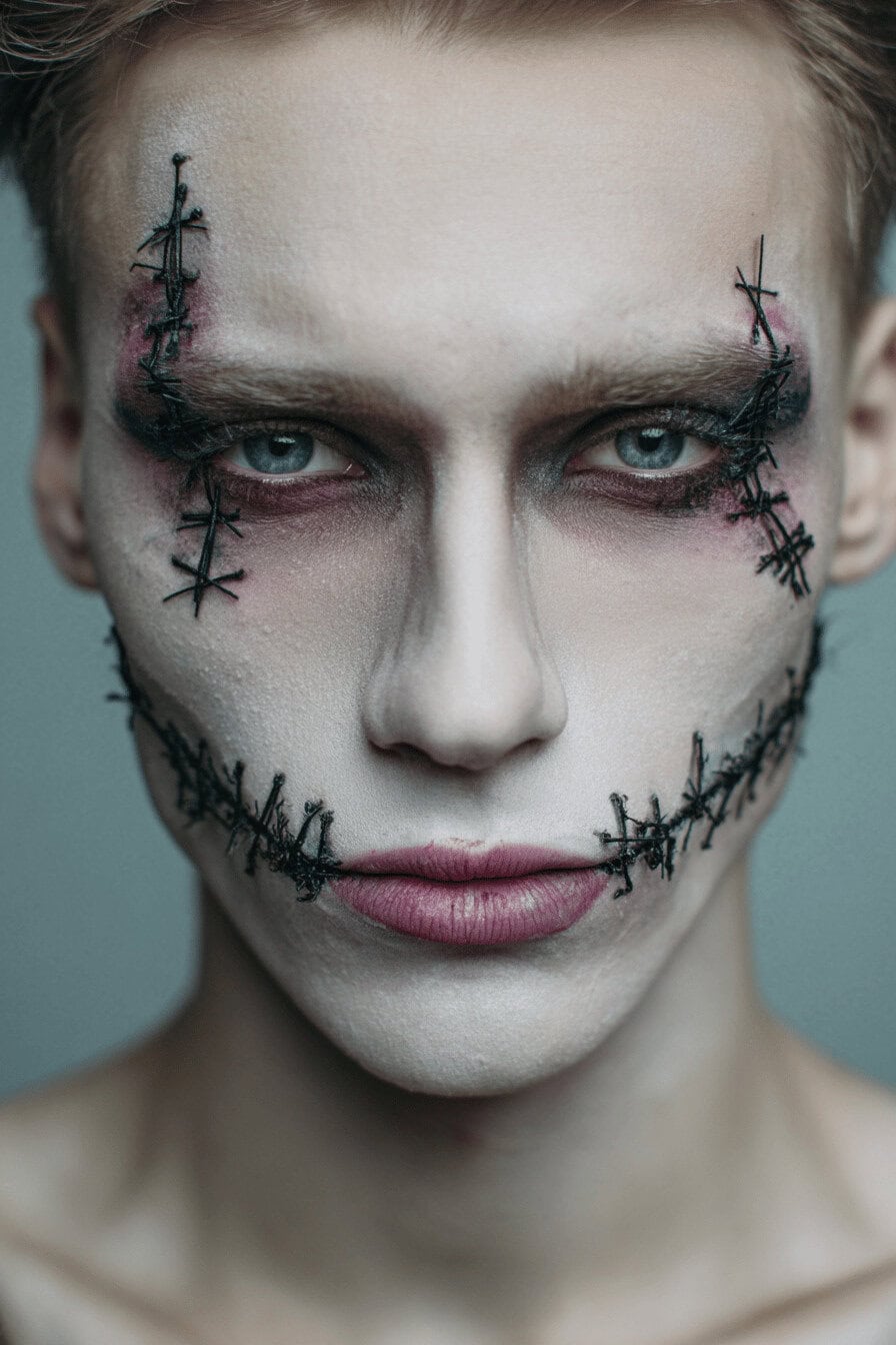 Mann mit kunstvollem Halloween-Make-up: genähte Gesichtswunden