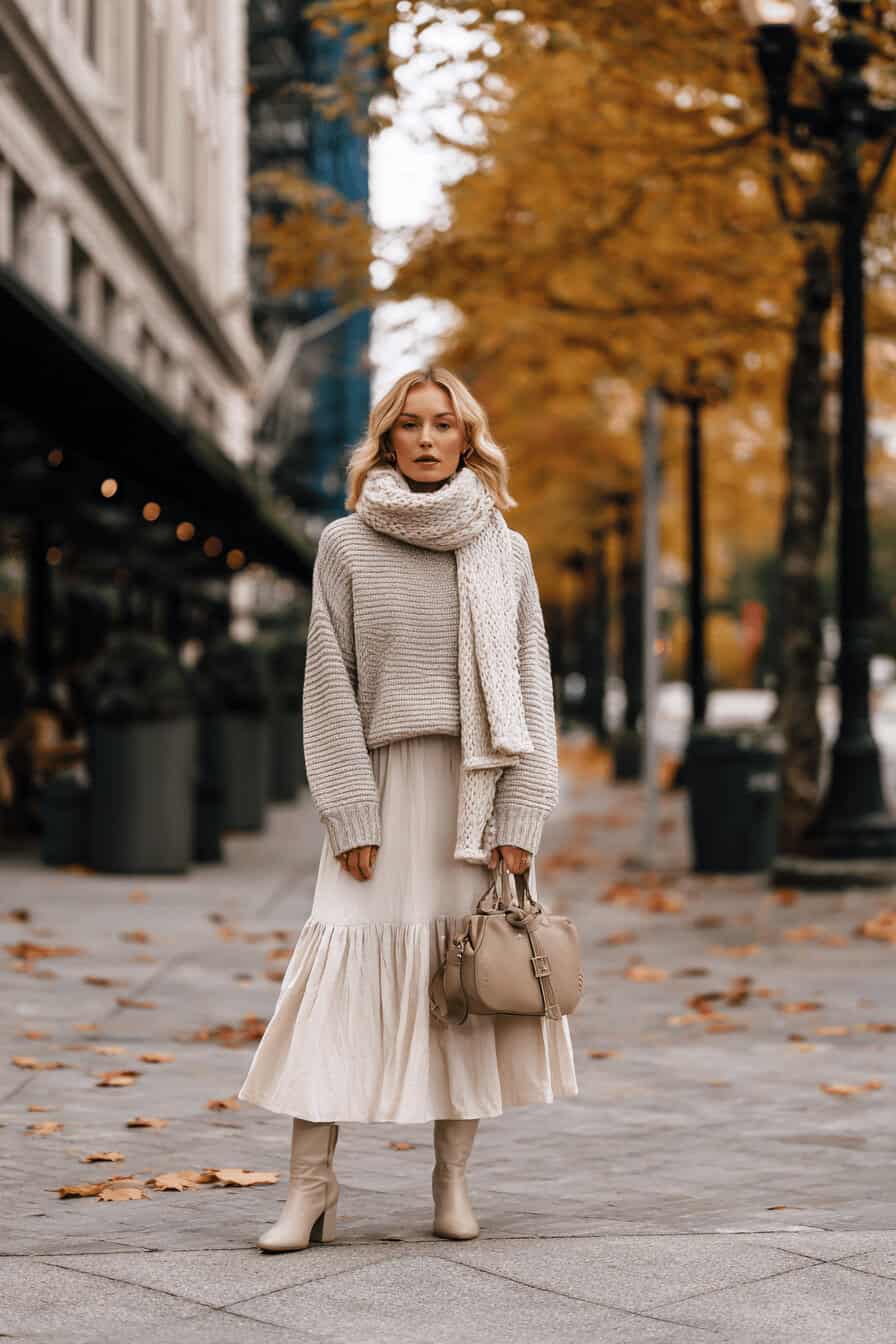 Frau in hellem Strickpullover, Midirock und Schal bei herbstlichem Stadtspaziergang