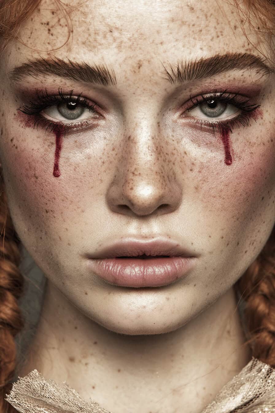 Nahaufnahme eines Halloween-Make-ups mit blutähnlichen Tropfen unter den Augen