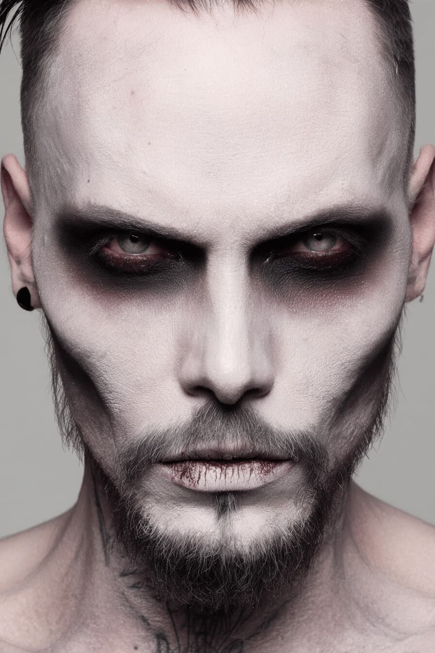 Halloween-Make-up eines Mannes mit blasser Haut, dunklen Augenringen und blutverschmierten Lippen