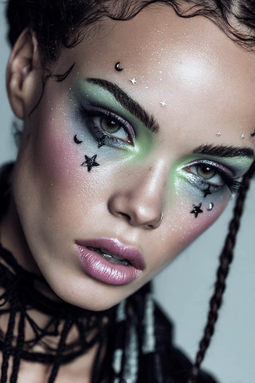 Nahaufnahme eines Gesichts mit Neon-Hexen-Make-up in Grün, Lila und Schwarz