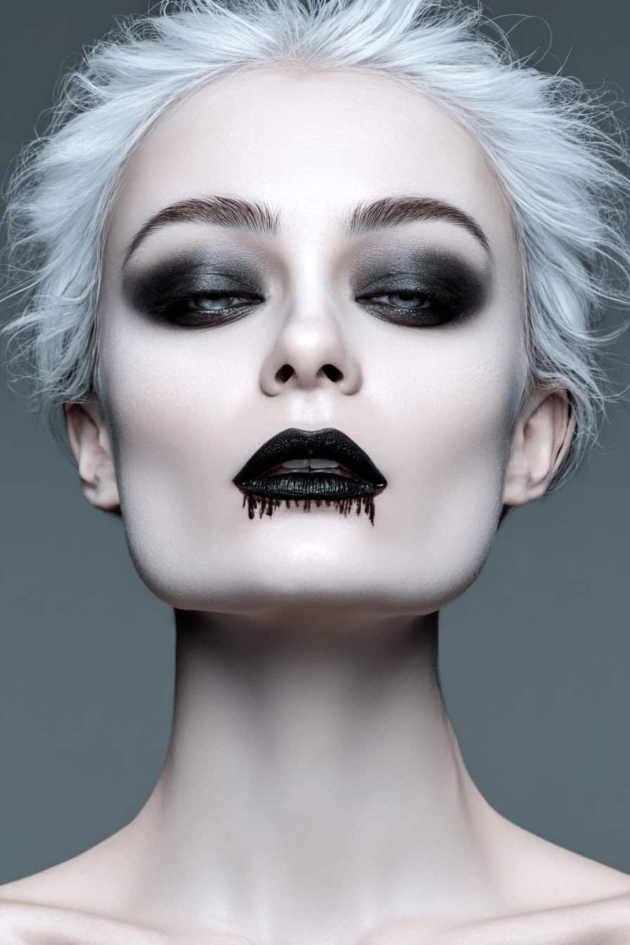 Halloween Make up mit weißer Haut, dunklem Augen-Make-up und schwarzem Lippenstift mit Blutdetails