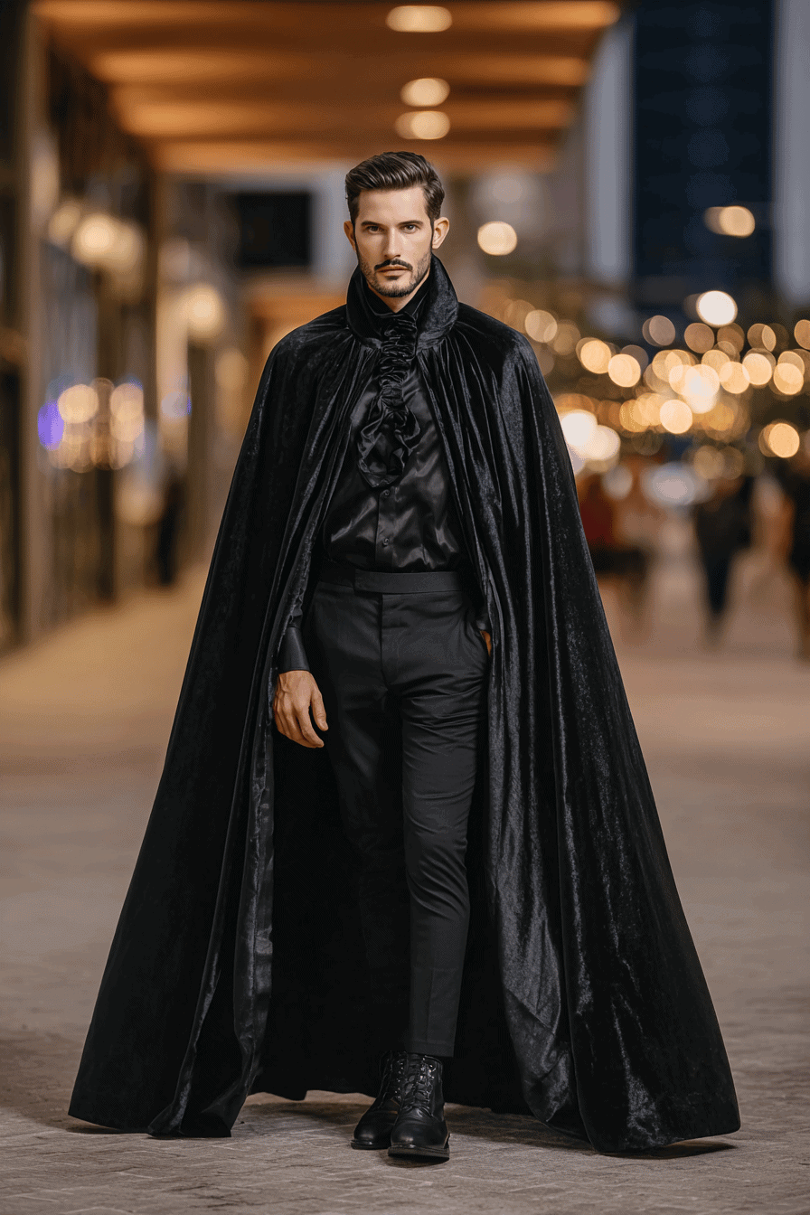Mann in elegantem Vampir-Kostüm mit schwarzem Cape auf nächtlicher Straße