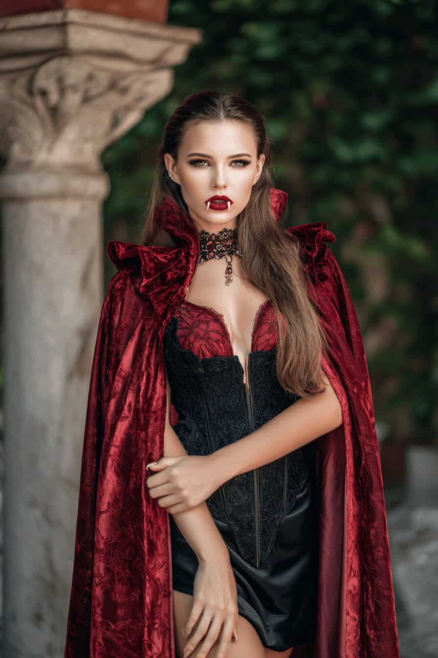 Frau in rotem Vampirkostüm mit Cape und spitzen Vampirzähnen