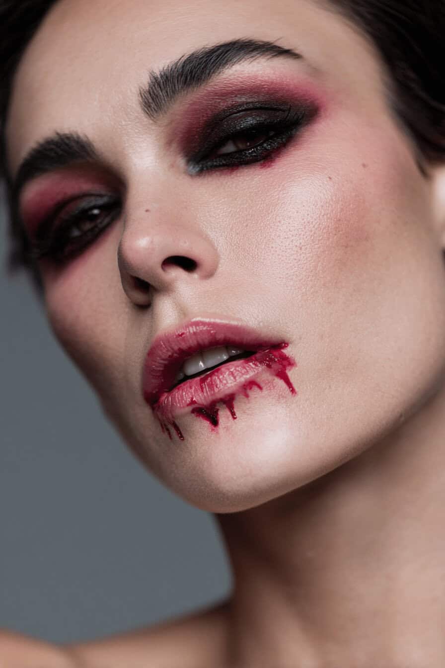 Close-up eines Vampir-Make ups mit blutigen Lippen und dunklem Augen-Make up