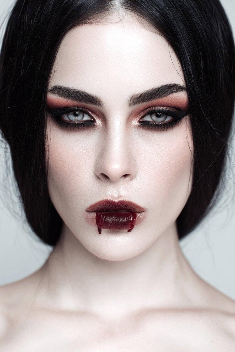 Nahaufnahme eines Frauengesichts mit Vampir-Make-up und blutverschmierten Lippen