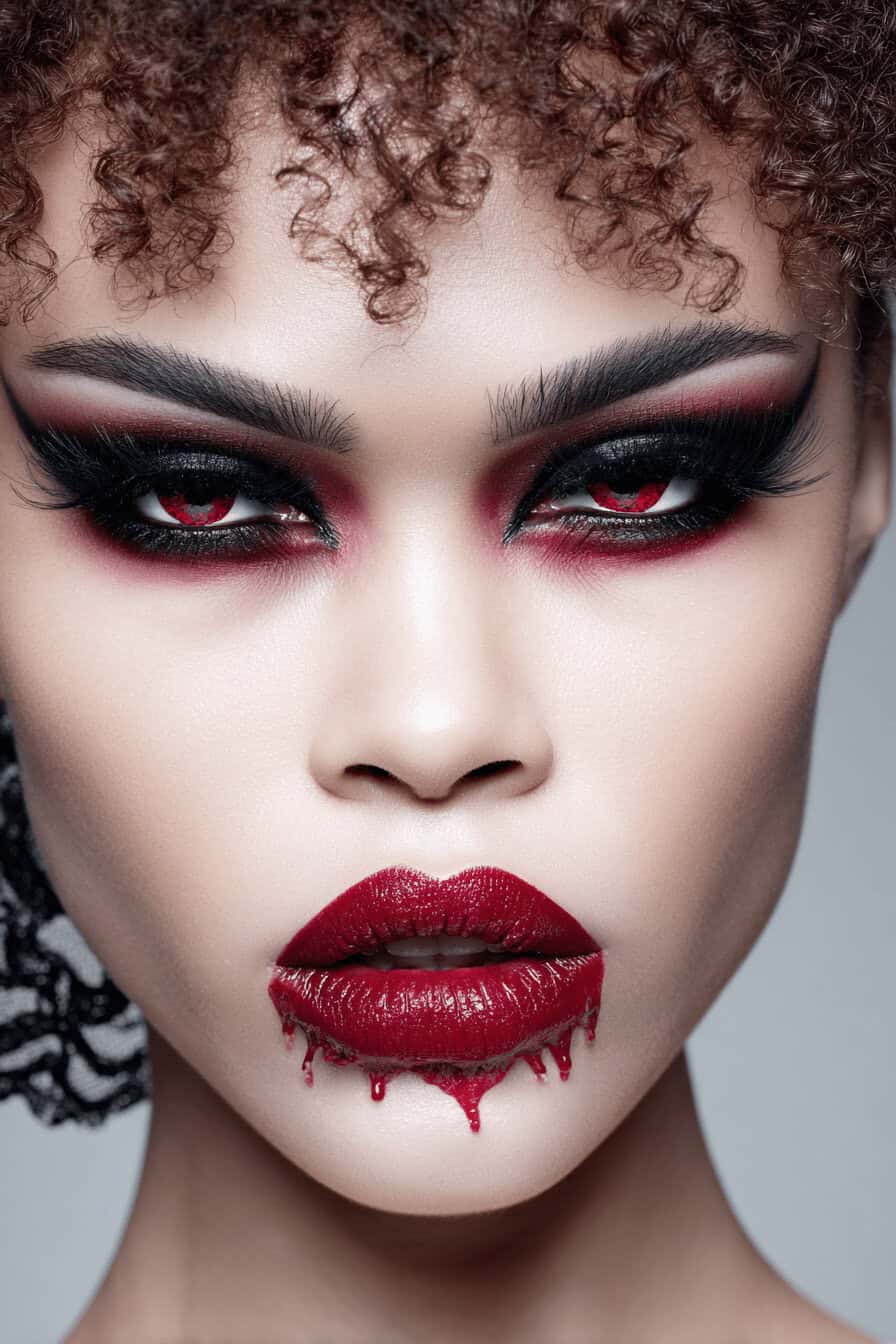 Gesicht mit rotem Vampir-Make-up und roten Kontaktlinsen