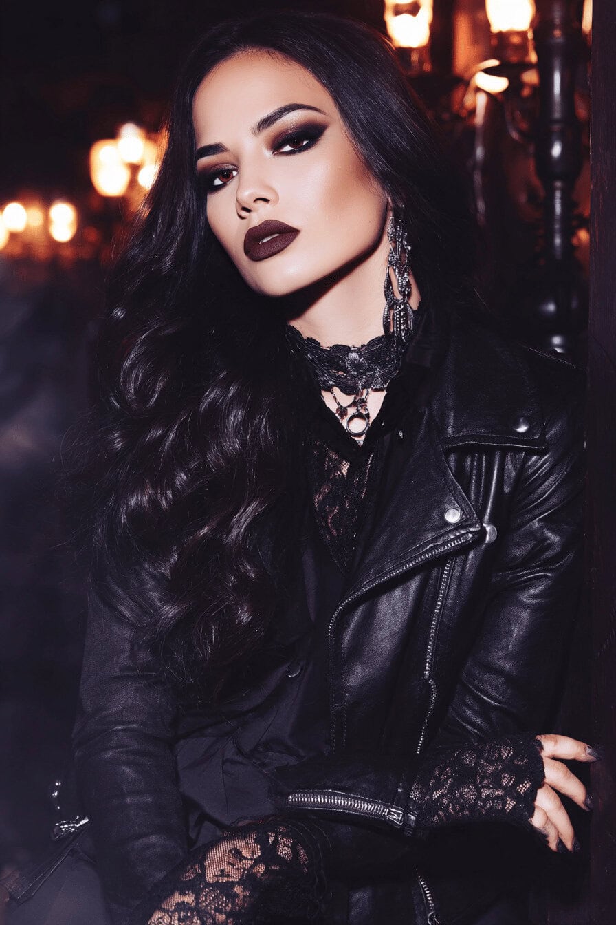 Frau im Vampir-Make-up mit schwarzer Lederjacke und Spitzen-Accessoires