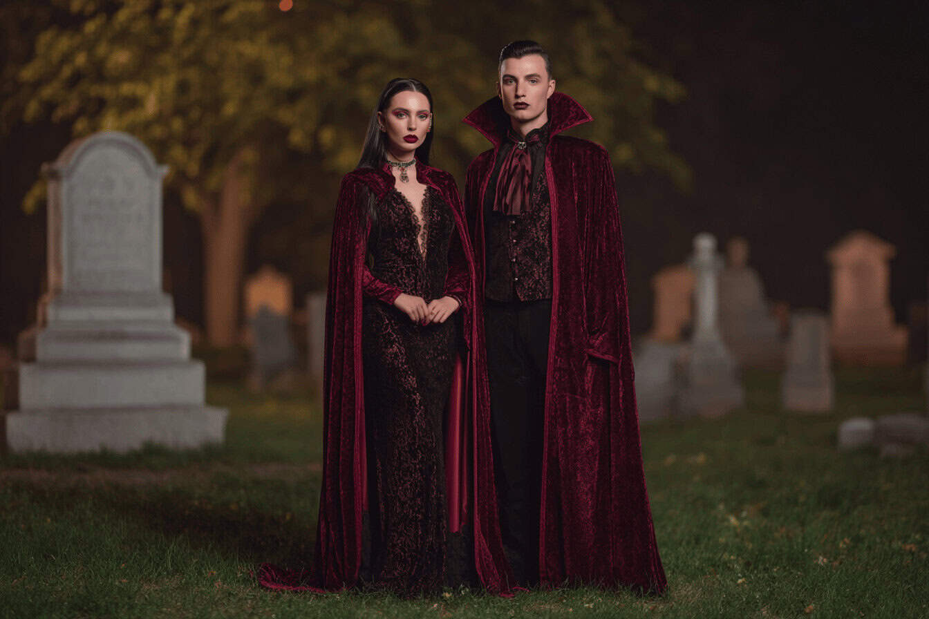 Paar in passenden Vampir Halloween Kostümen auf einem Friedhof