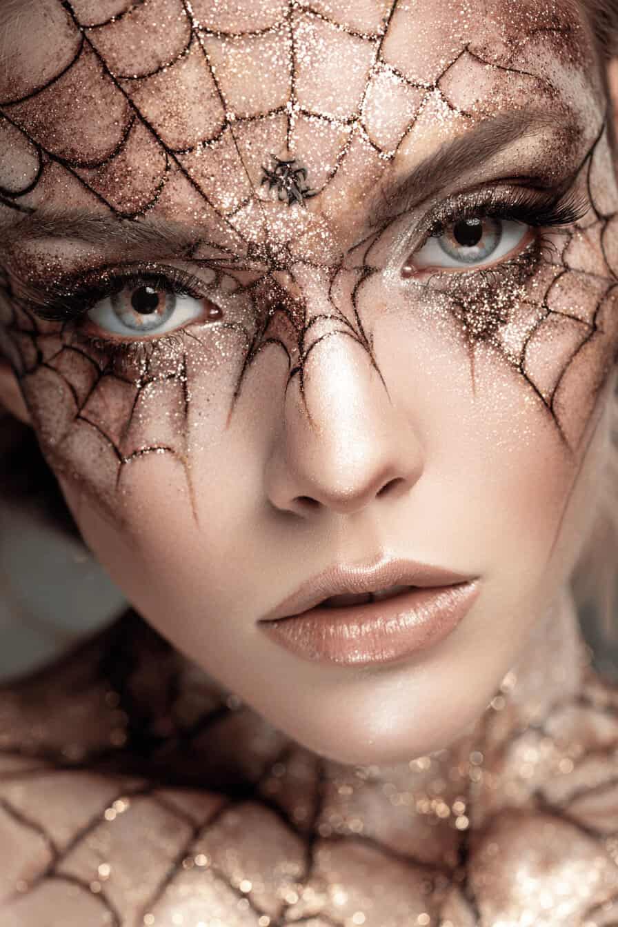 Detailreiches Halloween Make Up mit Spinnennetz in Gold und Kupfer